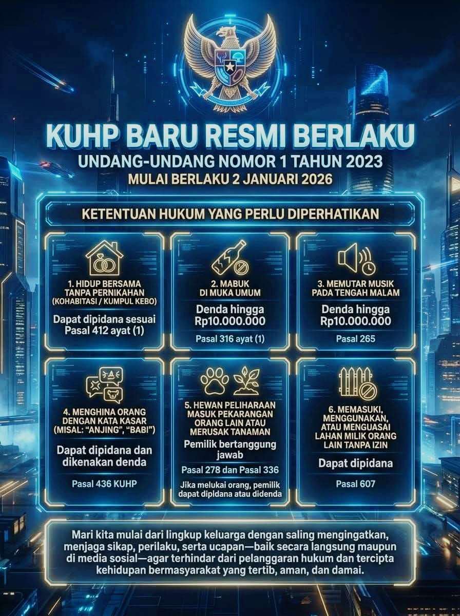 Pemberlakuan Kitab Undang-Undang Hukum Pidana (KUHP) Baru Undang-Undang Nomor 1 Tahun 2023